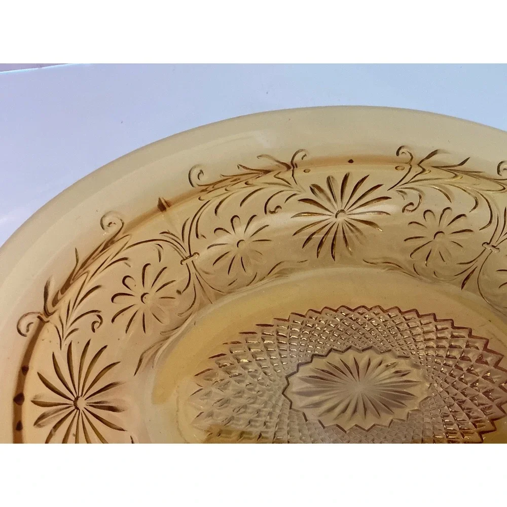 Tiara Vintage Amber  Glass Oval Serving Bowl Floral Pattern Sunburst Gold